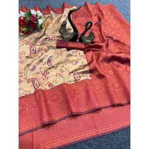 ATRACTIVO TISSU SEDA TRIPLE COBRE ZARI TEJIDO TRABAJO SAREE CON BLUSA DESCOSADA RANI - Product Image 1
