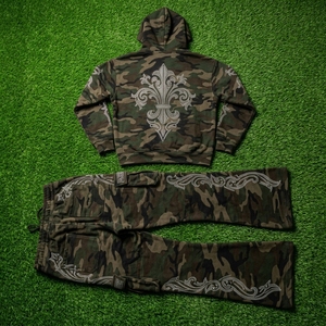 Mens <b>Camouflage</b> <b>Cargo</b> Tracksuit Zip Up Hoodie Rhinestone Embroidery Wide Leg Pants Custom Streetwear Sportswear Set - Product Image 6
