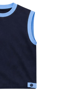 Conjunto de Camiseta sin Mangas y Pantalones Cortos Azul Marino para Hombre, Atuendo Casual de Verano de Algodón, Ribete Azul Cielo, Cordón Ajustable, Dos Piezas, Ajuste Premium - Product Image 2