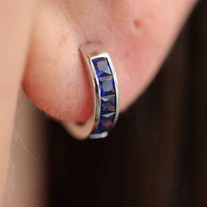 Sapphire Princess Cut Hoop Earrings Channel Set Sapphire <b>Huggies</b> Womens Fine Jewelry Custom Gifts For Her - Product Image 3