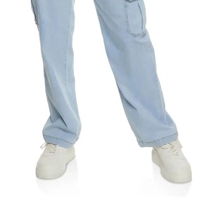 Pantalon cargo taille haute pour femme, délavé clair, coupe décontractée ample, longueur intégrale avec poches, style denim en coton, idéal pour le printemps - Product Image 5