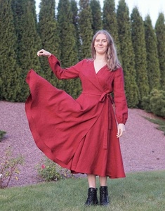 New Arrival Cotton Midi A-Line Wrap <b>Dress</b> with Long Sleeves Summer Formal Wedding Guest <b>Dress</b> for Women - Product Image 4