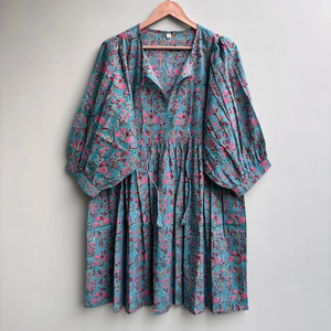 เดรสลำลองผู้หญิงผ้าฝ้ายทอแบบเรียบ ความยาวปานกลาง แขนสั้น ทรงเอ็มไพร์ เอวสูง ทรงเบบี้ดอลล์ โอเวอร์ไซส์ คอวี ทรงหลวม ใส่สบาย - Product Image 5