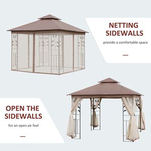 "2 Tier Patio Gazebo <b>Canopy</b> 10FT X 10FT Steel Frame Brown with Polyester <b>Roof</b> Netting & Curtain Sidewalls for Villa & Courtyard" - Product Image 6