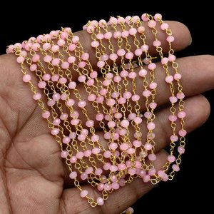 Chaîne de chapelet en quartz rose hydrofatté, perles rondes facettées de 3 mm, fil plaqué or, pour la fabrication de bijoux - Product Image 1