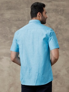 Camisa de Lino de Manga Corta para Hombre, Color Azul Cielo Oscuro, Cuello Clásico, Cierre de un Solo Botón, Camisa de Lino para Hombre, Camisa de Verano para Hombre - Product Image 3