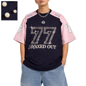 Custom Pearl <b>Studs</b> Number Tshirts Color Block Rhinestone Logo Loose Fit O-Neck Short Sleeve Hip Hop Casual <b>Men's</b> shirts Knitted - Product Image 1