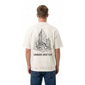 เสื้อยืดครีมดรอปโชลเดอร์พร้อมกราฟิกด้านหลังลายสถาปัตยกรรมเมืองสไตล์มินิมอลลำลองแนวสตรีทแวร์ - Product Image 2