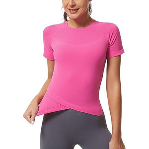 Camiseta Deportiva Asimétrica de Manga Corta con Cuello Redondo Rosa para Mujer, Color Sólido, Tejido de Punto, Secado Rápido, Corte Ajustado, Top de Primavera/Verano - Product Image 1
