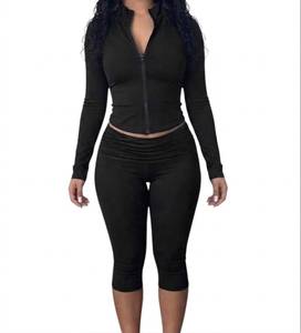 Black <b>Women</b> Yoga Set Zip Up Long Sleeve Jacket and High Waist <b>Capri</b> <b>Pants</b> Activewear Lounge Outfit - Product Image 1