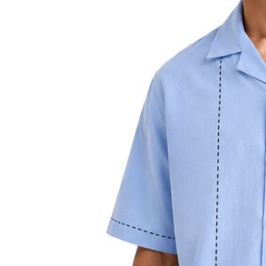 Camisa de Hombre con Cuello Cubano Azul Claro, Manga Corta, Diseño Bordado Negro, Algodón y Lino, Cierre de Botones, Estilo Casual de Verano para Playa - Product Image 3