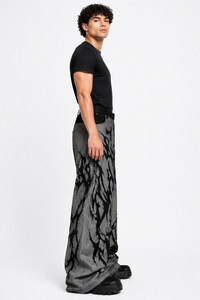 Mens Grey Black Graphic Wide Leg Denim Jeans Abstract Print Designer Streetwear <b>Pants</b> Oversized Baggy Fit Urban Fashion Denim - Product Image 2