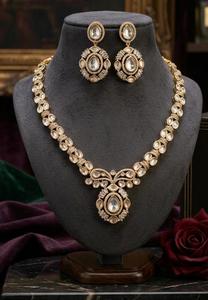 Gold Plated <b>Crystal</b> Necklace <b>Set</b> With Oval Cut Stones Flower Design For Women Wedding Jewelry - Product Image 2