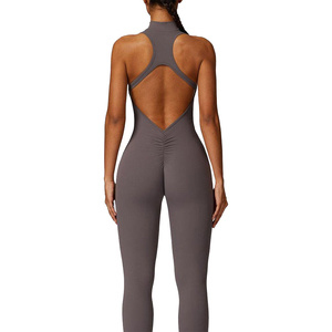Mono de yoga sin mangas de cuerpo entero para mujer RTS, con media cremallera, sin costuras, de elastano y poliéster, color liso, AS-YJ-506 - Product Image 6