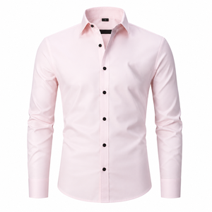 Chemise habillée rose unie à manches longues pour homme, col rabattu, style formel, en tissu popeline tissé - Product Image 2