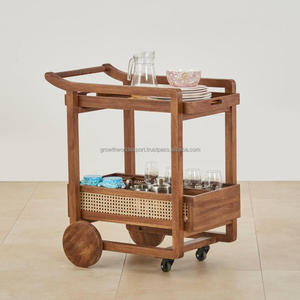 Chariot de bar à 2 niveaux en rotin et bois massif moderne avec roulettes, chariot de service roulant au design tendance - Product Image 1