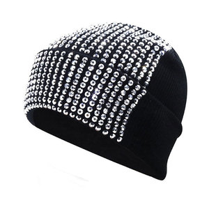 VIENNA INDUSTRY Rhinestone <b>Beanie</b> <b>Hat</b> Unisex Black <b>Wool</b> Blend Winter Party Street Style Adult >62CM - Product Image 1