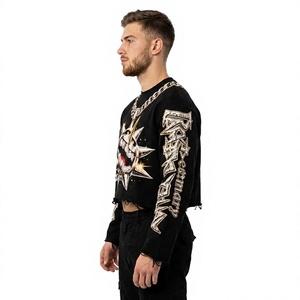 Camiseta de Manga Larga Negra para Hombre, Estilo Urbano, con Estampado de Personajes, Corte Holgado, Cuello Redondo, Tejido de Algodón - Product Image 2