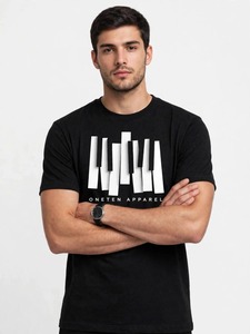 เสื้อยืดแขนสั้นสีดำสำหรับผู้ชายของ Oneten Apparel ลายพิมพ์กราฟิกคีย์เปียโนทรงเรขาคณิต เสื้อยืดคอกลมลำลอง - Product Image 2