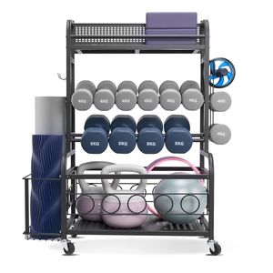 Organizzatore per Attrezzature da Palestra Domestica, Supporto per Tappetini Yoga in Acciaio Verniciato a Polvere con Ganci e Ruote, Scaffale Portaoggetti per Tappetini Yoga - Product Image 1