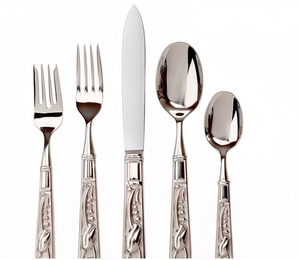 Juego de cubiertos de acero inoxidable con acabado Chapado en Color plateado y mango elegante de 5 cucharas, tenedor, cuchillo, cubiertos para regalar, uso en bodas - Product Image 1