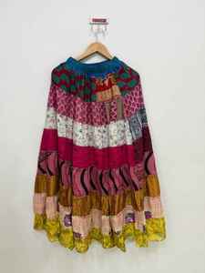 Long Length <b>Boho</b> <b>Women's</b> Ankle-Length Patchwork Saree Silk Multi-Layer Beachwear Skirt Dress - Product Image 2