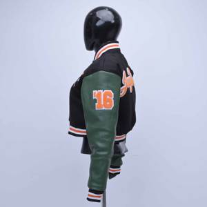 Veste bomber de haute qualité personnalisée en laine avec manches en cuir vert et broderie de patch en chenille pour femme, veste varsity courte - Product Image 2