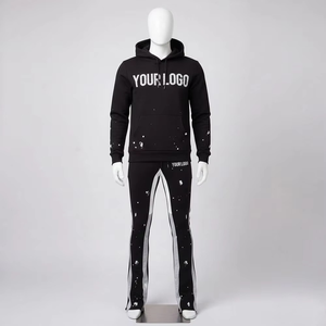 Ensemble de survêtement streetwear écoresponsable personnalisé, délavé à l'acide, uni, avec pantalon de survêtement évasé et sweat à capuche unisexe vierge, style jogger empilé, pour homme, 100% - Product Image 3