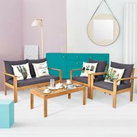 Ensemble de canapé de patio en bois d'acacia, 4 pièces, avec coussins épais, meubles d'extérieur