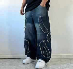 <b>Men's</b> Denim Harem Pants Elastic Waist Discharge Printed Street Style Breathable Midweight Cotton Canvas Blue Patterned Spring - Product Image 5