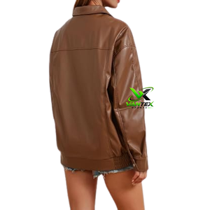 VANTEX Veste décontractée imperméable en cuir PU marron pour femme, fermeture éclair, col rabattu, coupe ample, style bomber - Product Image 2
