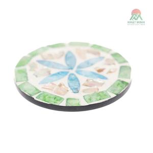 Nhat Minh mother of pearl Round <b>Coaster</b> Set With Holder Bohemian Design Green <b>Blue</b> Pattern 10cm Non Slip Mats - Product Image 2