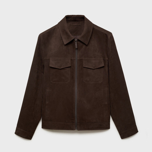 Veste en daim marron foncé pour homme, coupe ajustée, fermeture éclair, style trucker, luxe, cuir souple, vêtement d'extérieur pour la mode masculine - Product Image 1