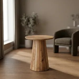 Table d'appoint moderne en bois de manguier avec base en piédestal cannelé, table d'appoint ronde faite à la main pour la décoration du salon et de la chambre - Product Image 2