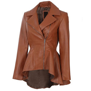 Women's Cognac Brown Wax Peplum 100% Real Lambskin Leather Asymmetrical Zip Closure <b>Jacket</b> - Product Image 4