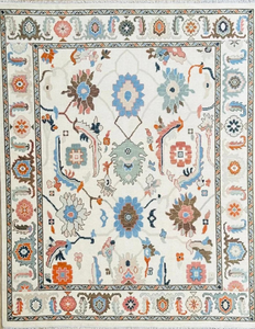 Alfombra Oushak de Lana Anudada a Mano, Color Beige Rosado Abstracto, Hecha a Mano, Calidad de Exportación Oriental, Antideslizante, Apta para Mascotas, Duradera - Product Image 1