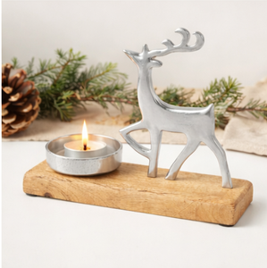 Luxury Silver Metal Reindeer Candle <b>Holder</b> With Natural Wooden Base Modern Christmas <b>Tealight</b> <b>Holder</b> & Festive Table Centerpiece - Product Image 3