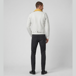 Blouson de motard en cuir PU pour homme, personnalisé, blanc et jaune contrasté, col à revers, ceinturé, coupe ajustée, vêtement d'extérieur d'automne - Product Image 5
