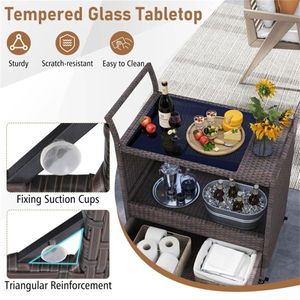 Chariot de bar d'extérieur en rotin PE tressé à la main avec plateau en verre trempé et tiroir, 4 roues avec freins, chariot de service pour mobilier de patio - Product Image 6