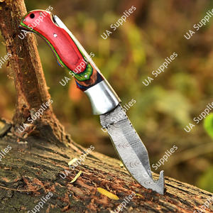 Cuchillo Plegable Multifuncional de Supervivencia al Aire Libre de Acero de Damasco Hecho a Mano con Gancho para Deshuesar, Mango de Madera Pakka, Bisel OBM y Funda de Cuero - Product Image 5