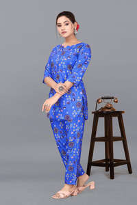 Conjunto de Pantalones y Blusa de Poliéster y Rayón Estampado Azul al por Mayor para Mujer, Cuello Redondo, Ecológico, Sostenible, Informal, Exportación de la India, Tallas de la S a la 3XL - Product Image 5