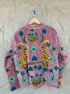 Blue <b>Velvet</b> Handmade Embroidered Floral Vintage Winter Bomber <b>Jacket</b> for Unisex with Cotton Lining Breathable Woven - Product Image 3