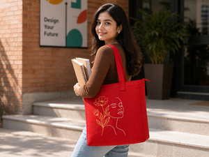 Bolsa de Compras de Lona Roja de 300 g/m², Estilo Bohemio Vintage, con Cierre de Cremallera, de Algodón, 14x12x3, con Logotipo Personalizado, Ecológica y Reutilizable - Product Image 2