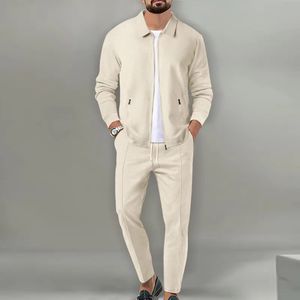Men's Beige Checkered Tracksuit Full Zip Two Piece Set Breathable Cotton Casual Sportswear Regular Fit Europe USA - Product Image 3