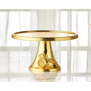 Soporte de metal para tartas de mesa al por mayor con diseño de hojas botánicas, base de rama dorada y bandeja plateada martillada - Product Image 4
