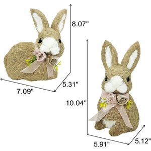 Set 2 10-Inch Sisal Easter Bunny with Floral Bow Decorative Farm Animals for Home Spring Floral Bow Decor - Product Image 2