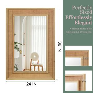 Specchio da Parete Decorativo Rettangolare in Rattan con Cornice in Legno Massello 24"x36" Colore Legno Naturale per Bagno, Casa, Ingresso Stile Rustico - Product Image 5