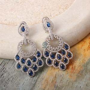 Nihara Fine Dangle Earrings Peacock Feather Design Sapphire Blue - Product Image 1