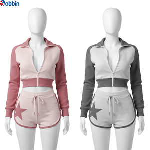 Conjuntos Deportivos Cortos de Verano Estilo Hip Hop para Mujer, 2 Piezas, Conjunto Deportivo con Bloques de Color, Top Corto de Manga Larga con Bolsillo y Pantalones Cortos - Product Image 4