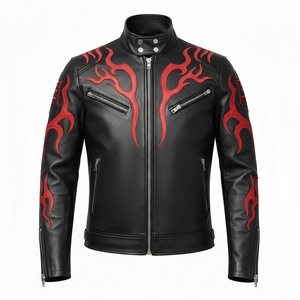 Chaqueta de Motociclista Gótica para Hombre, de Cuero Auténtico Negro, Resistente al Viento, con Bordado de Llamas Rojas, Estilo Cosplay, Chaqueta de Carreras, Logotipo Personalizado - Product Image 2